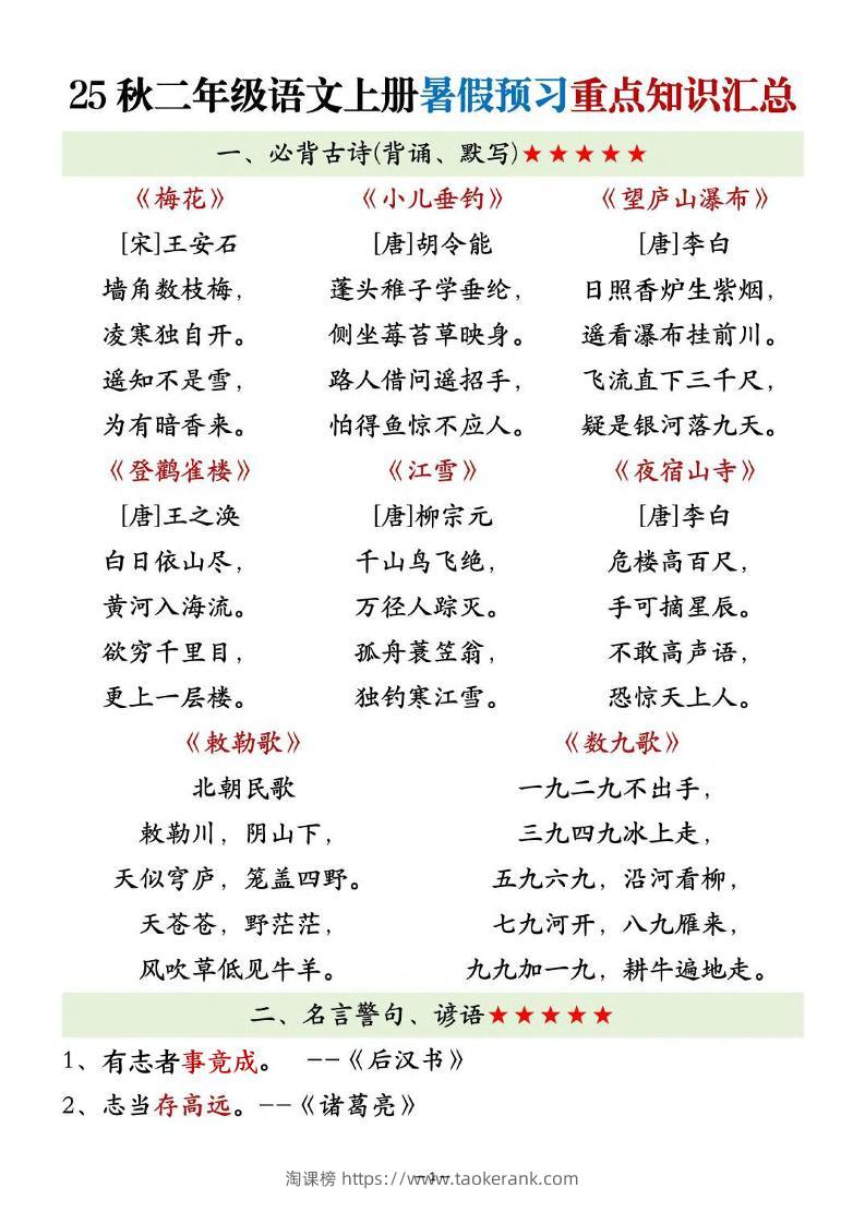 25秋二上语文暑假预习重点知识汇总20页-淘课榜