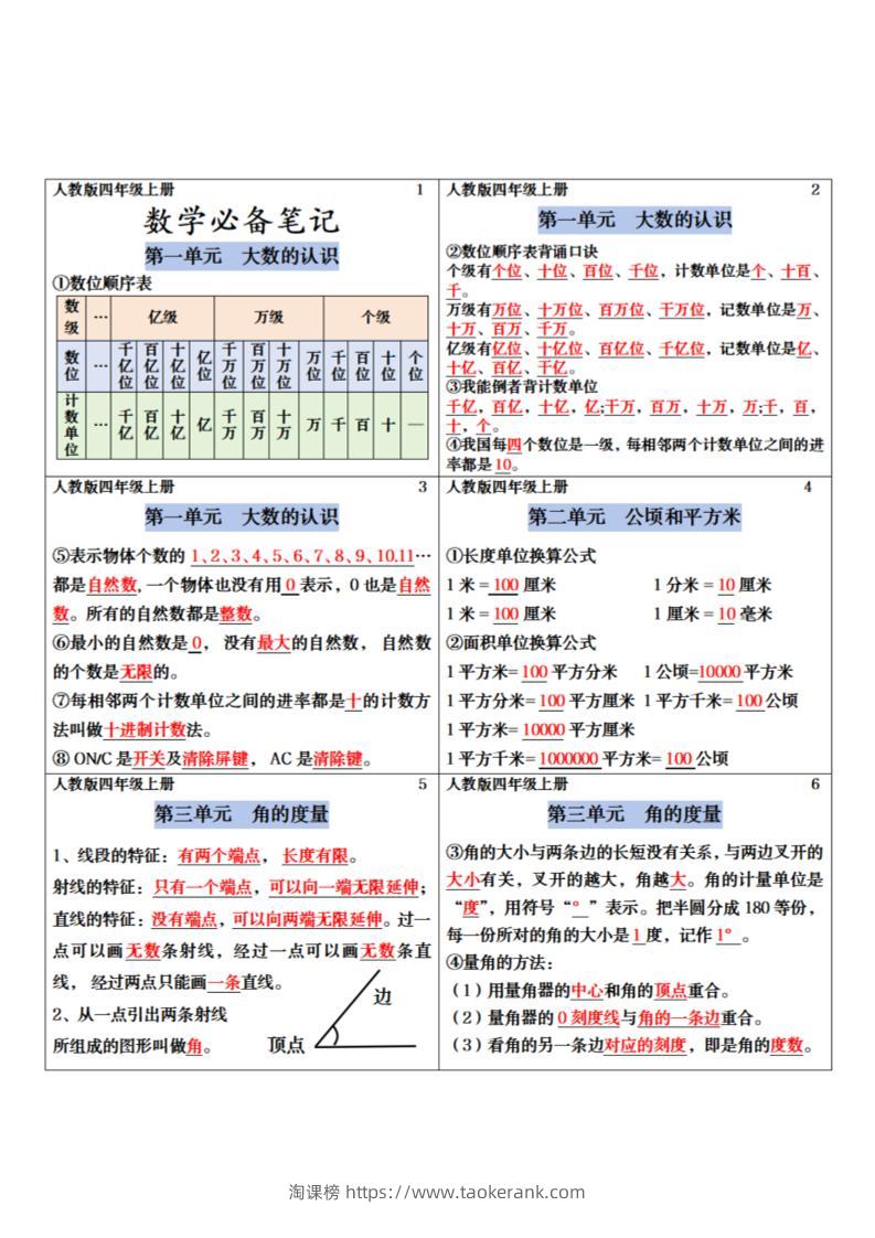 四年级上册数学课课贴-淘课榜