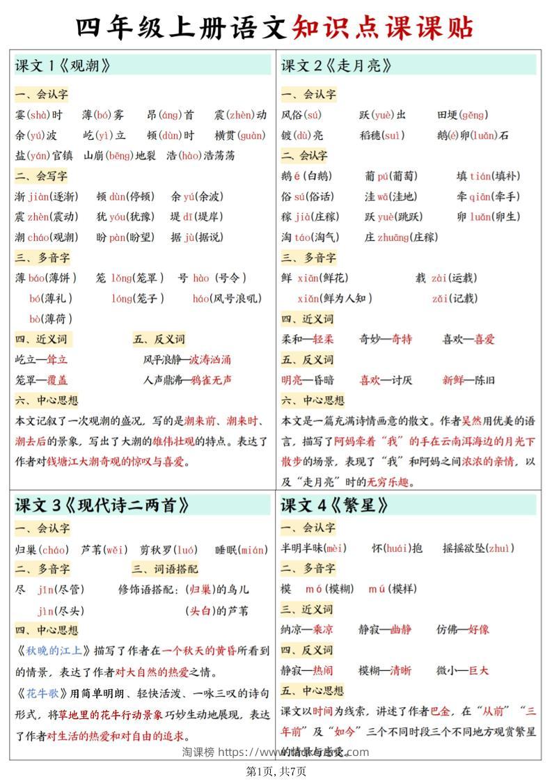 四上语文知识点课课贴7页-淘课榜