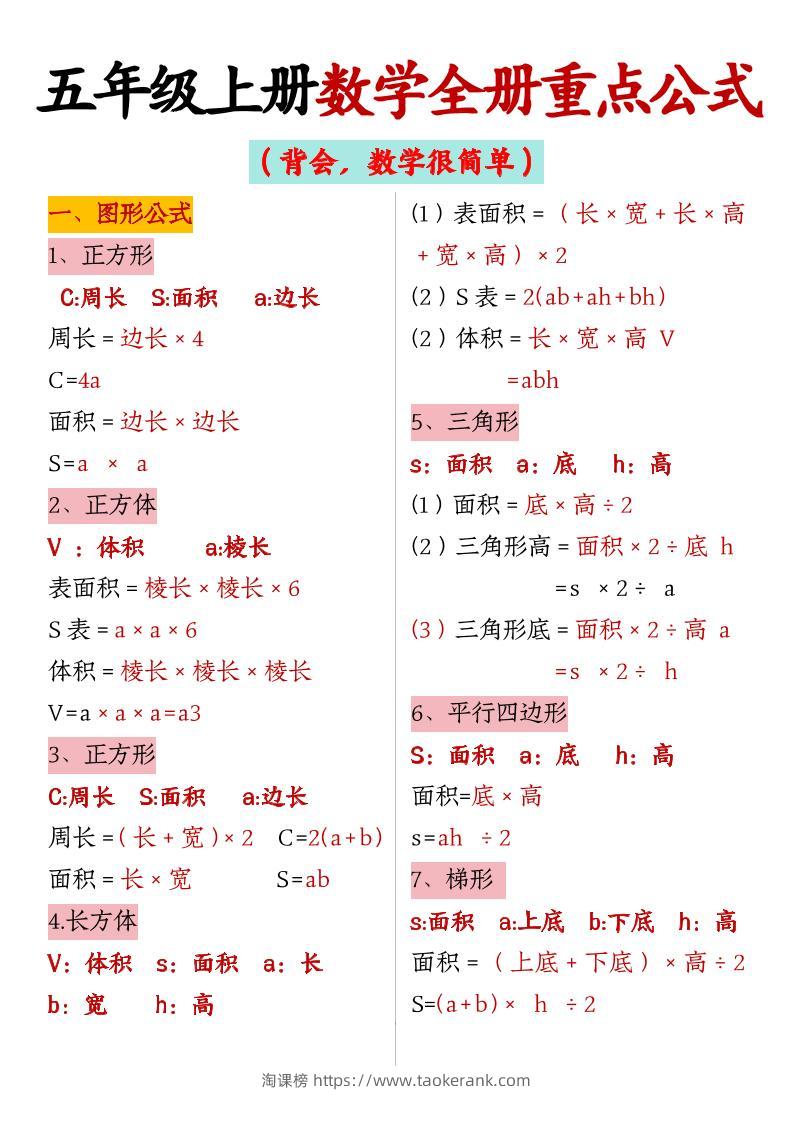 五上数学【全册重点公式】-淘课榜