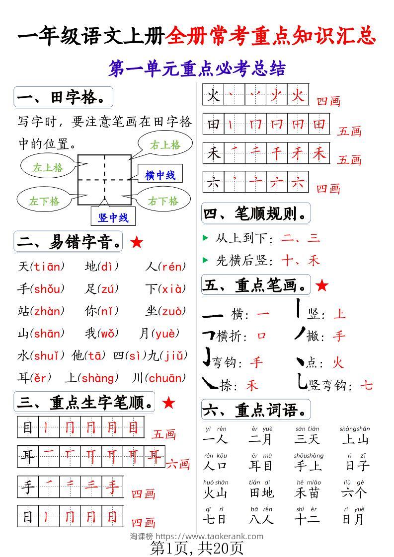 一年级语文上册全册常考重点知识汇总-淘课榜