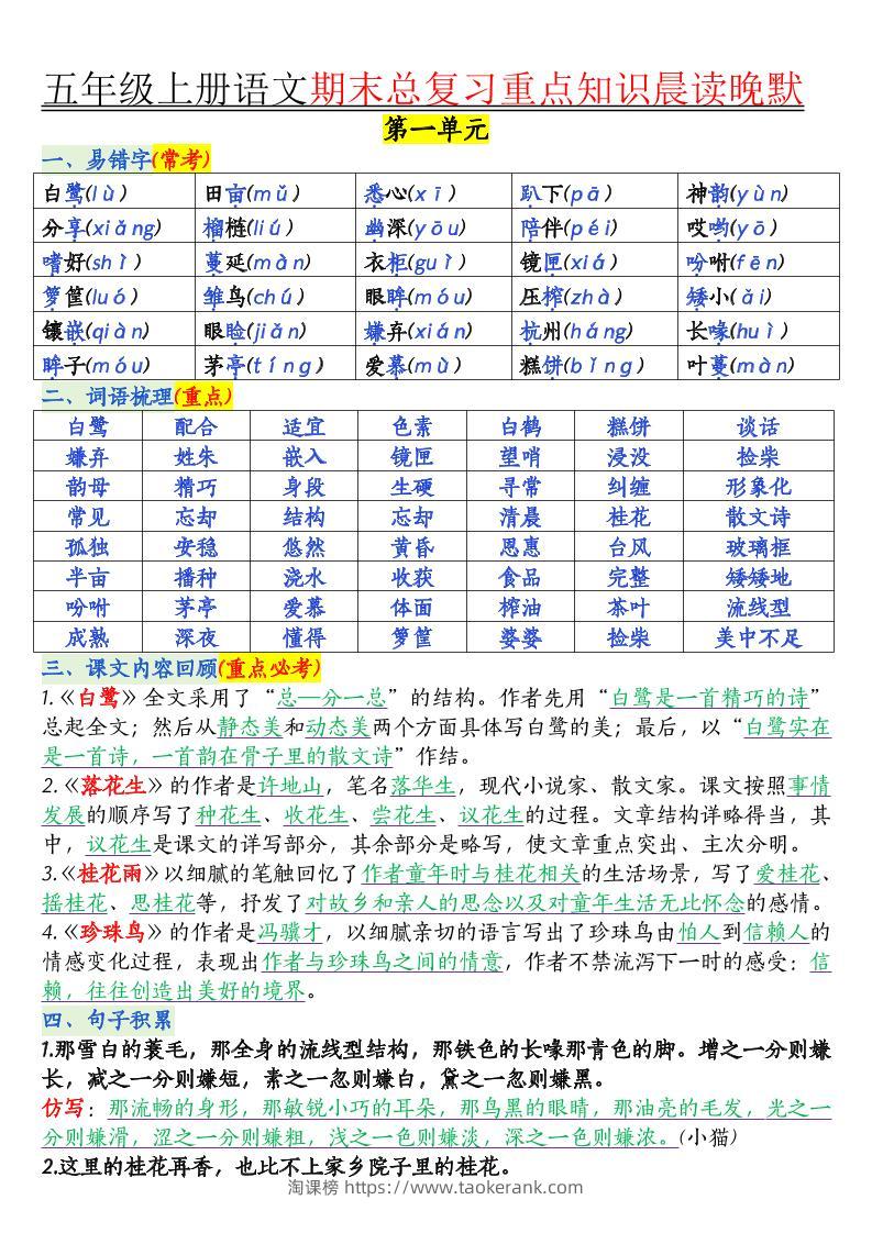 五年级上册语文1-8单元知识点汇总16页-淘课榜