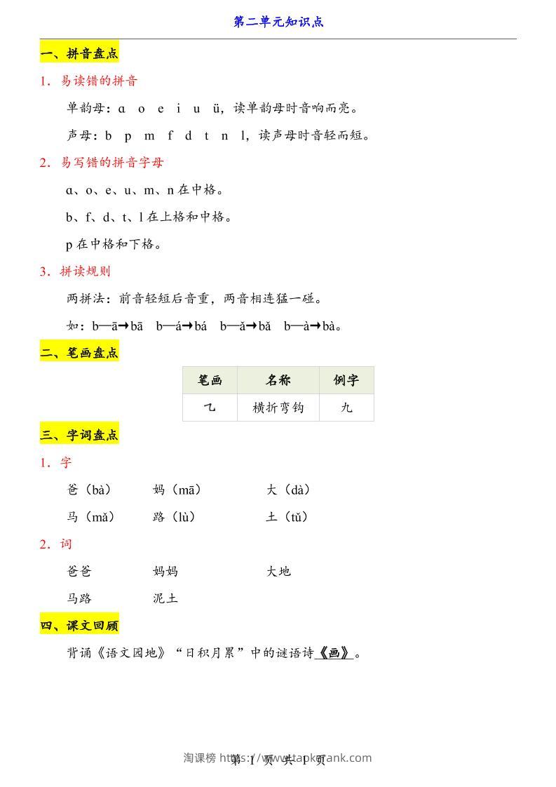第2单元（知识点）一上语文-淘课榜