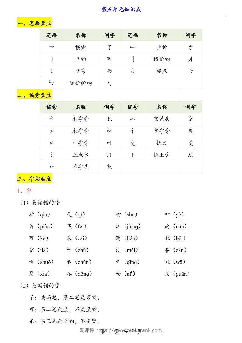 第5单元（知识点）一上语文-淘课榜