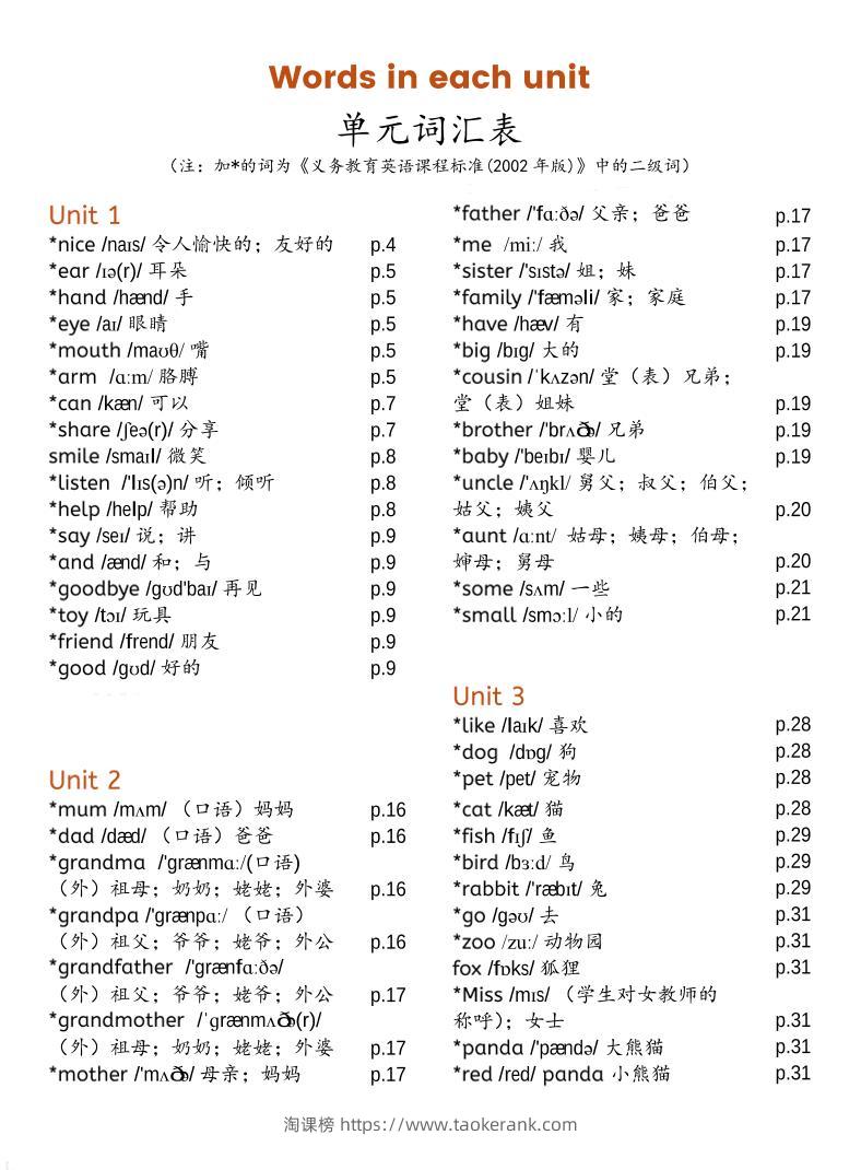 三上PEP英语单元词汇表-新版-淘课榜