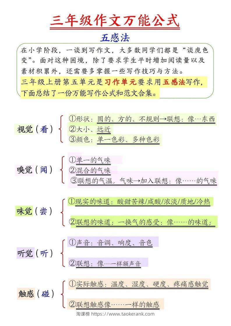 三上语文-作文万能公式五感法-淘课榜
