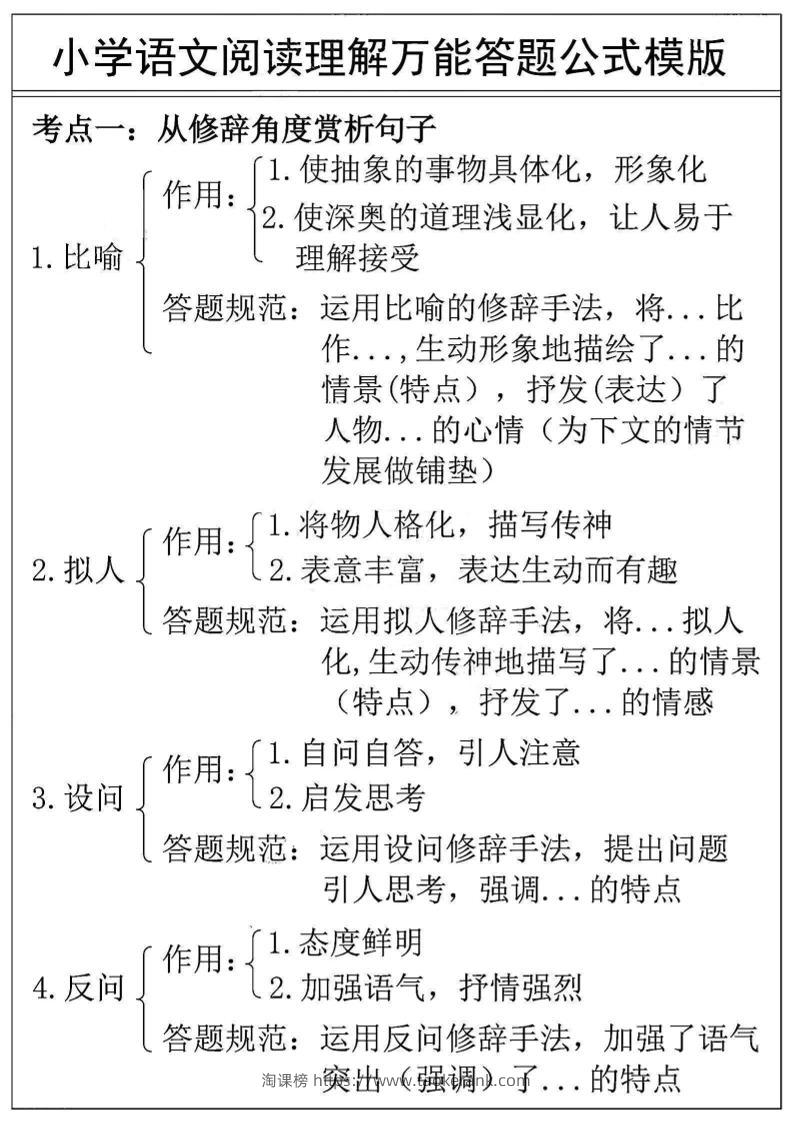 3-6年级语文阅读理解万能答案公式模版=三上语文-淘课榜