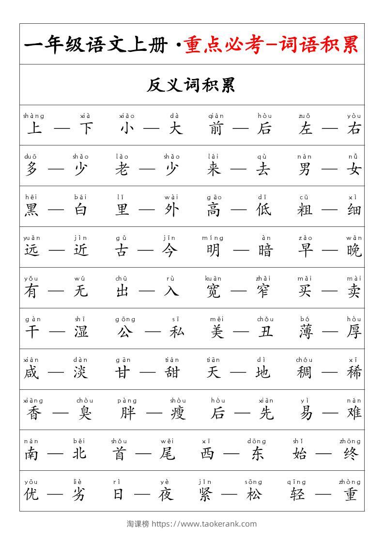 一年级语文上册·重点必考-词语积累-淘课榜