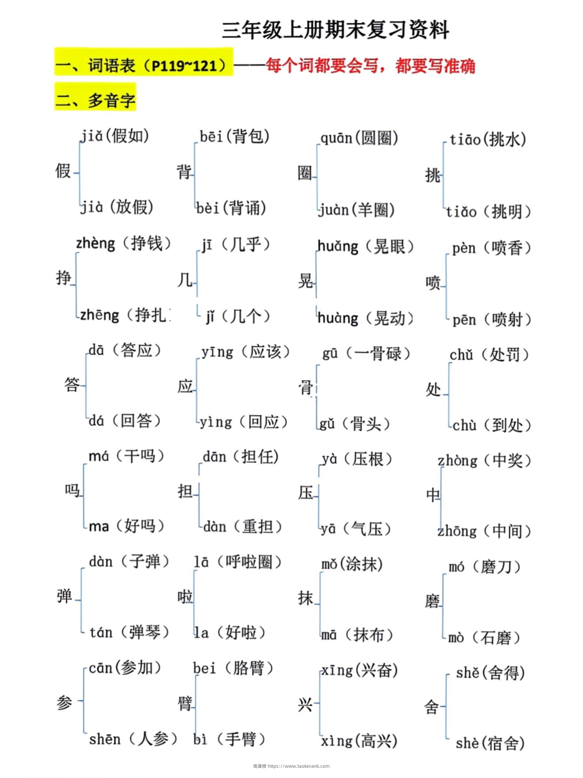 三上语文期末复习必考汇总-淘课榜