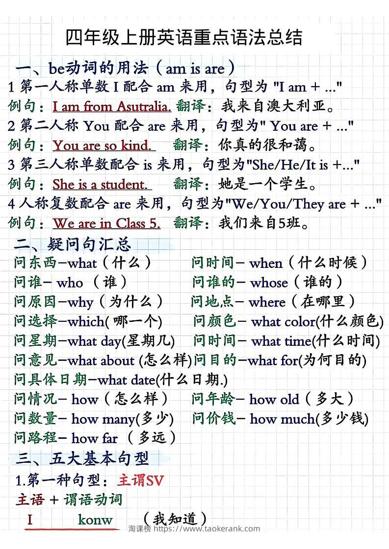 四年级上人教PEP版英语重点语法总结-淘课榜