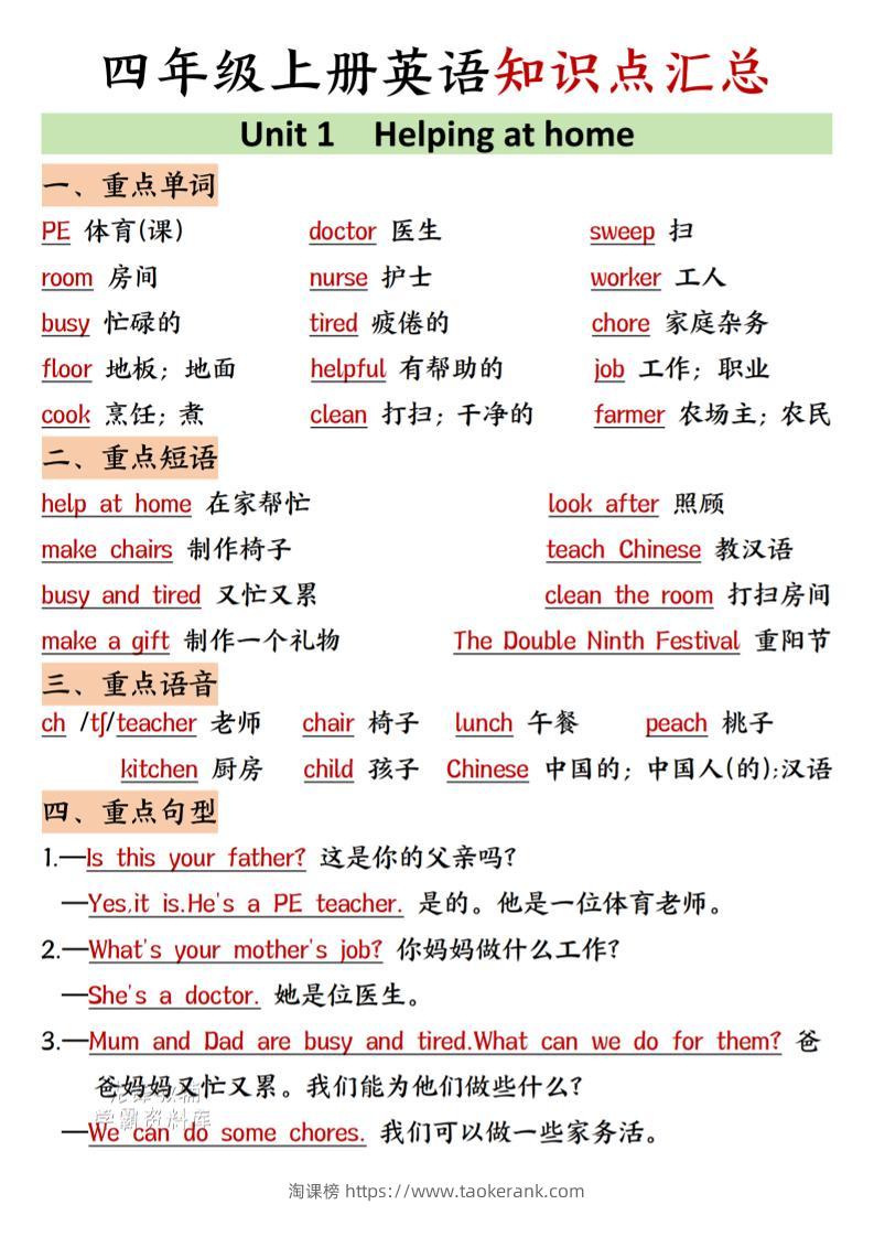 四年级上人教PEP版英语知识点汇总-淘课榜