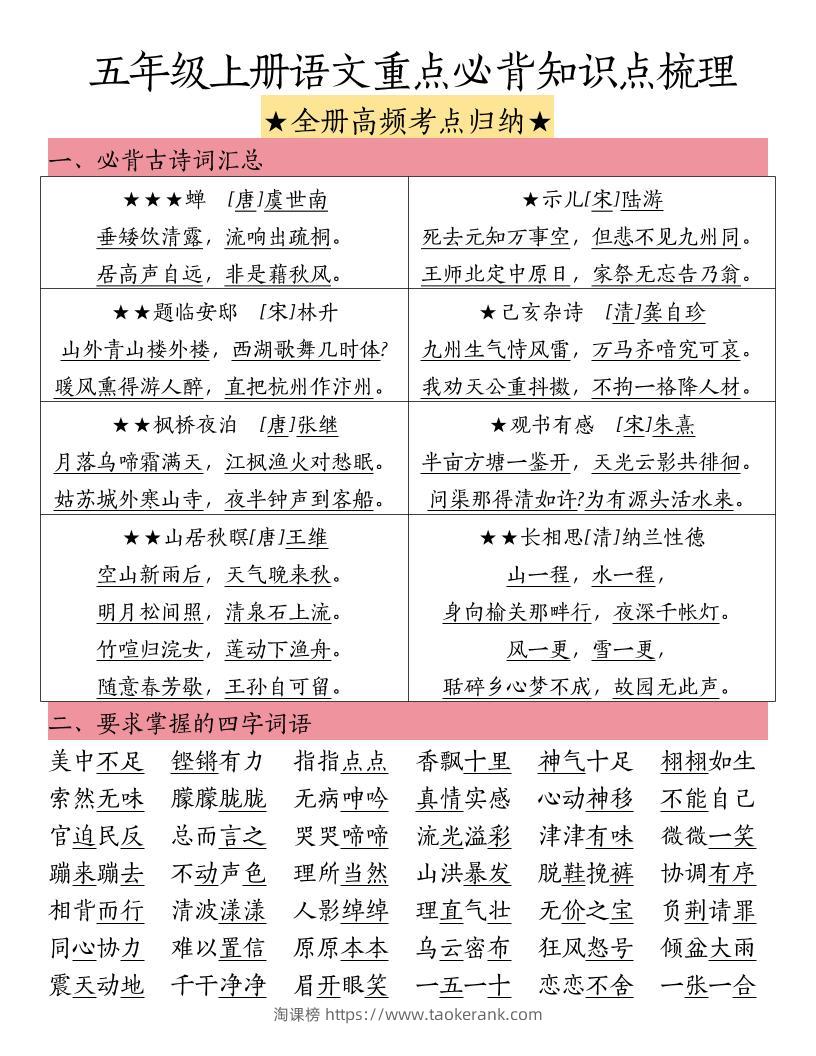 五上语文重点必背知识点梳理-淘课榜