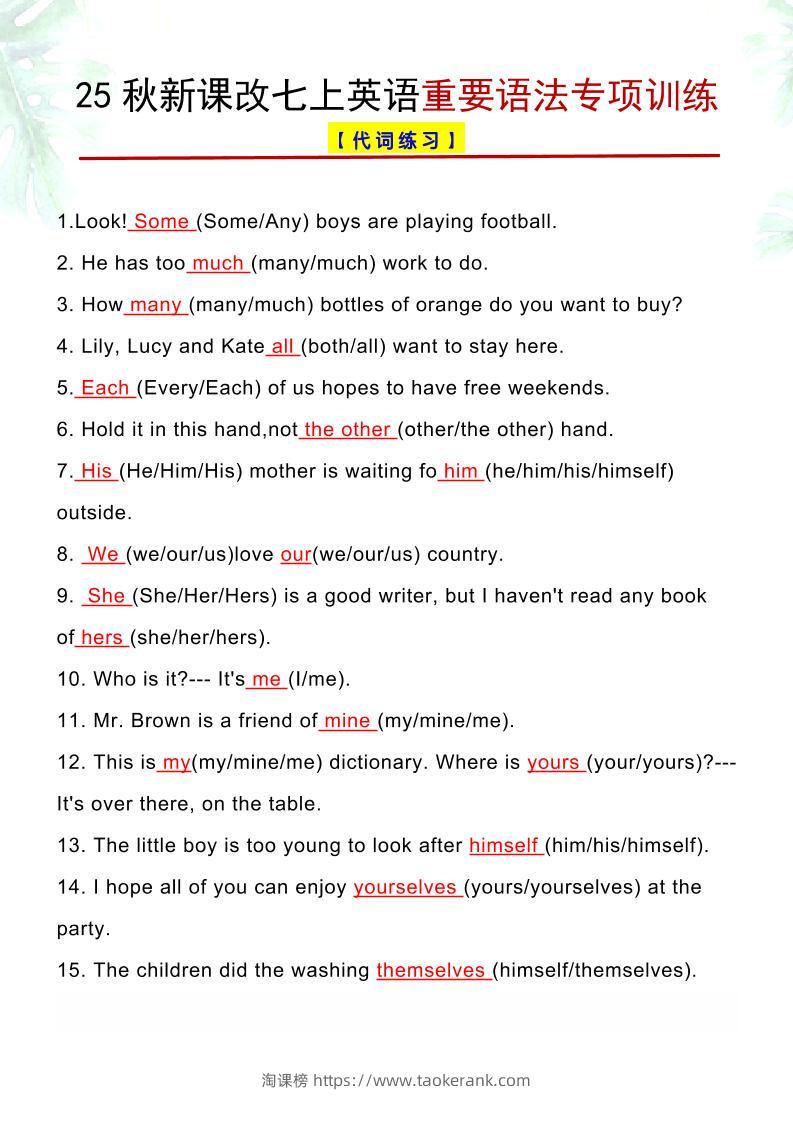 【2025秋新版】七上英语重要语法专项训练-淘课榜