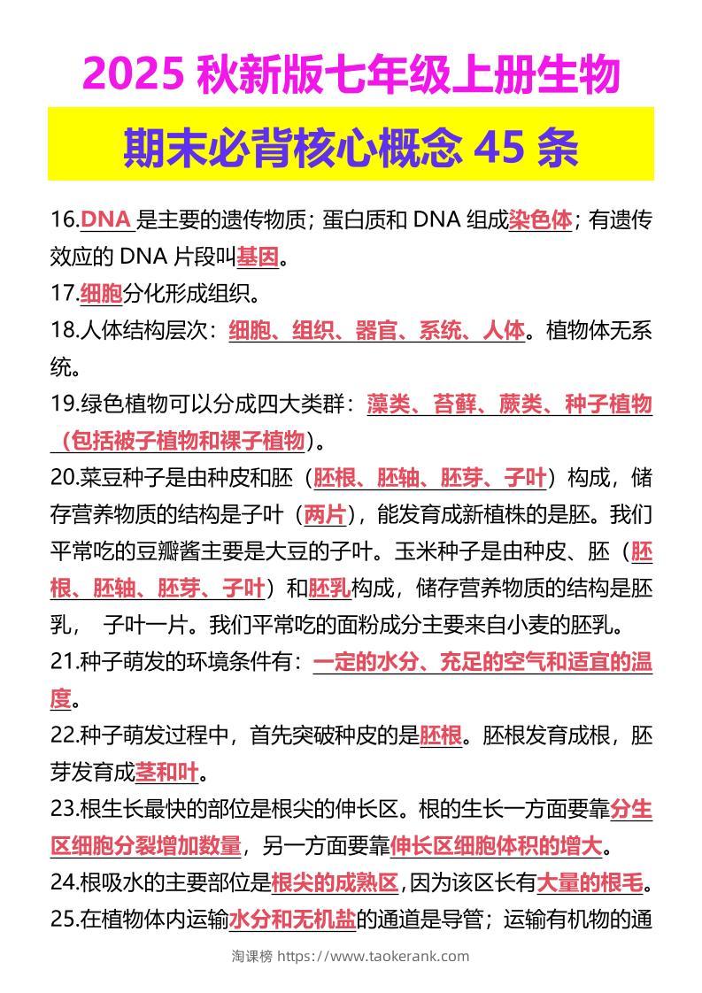【2025秋新版】七年级上册生物期末必背核心概念45条-淘课榜