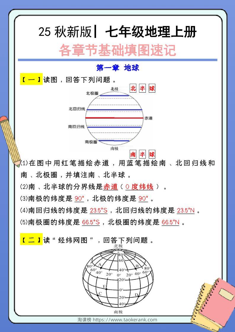 【2025秋新版】七年级地理上册：各章节基础填图速记（含答案）-淘课榜