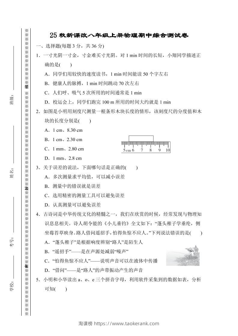 【2025秋新版】八年级上册物理期中综合测试卷-淘课榜