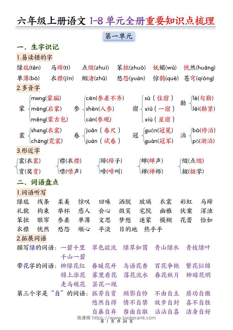 25秋六上语文1-8单元全册重要知识点梳理24页-淘课榜