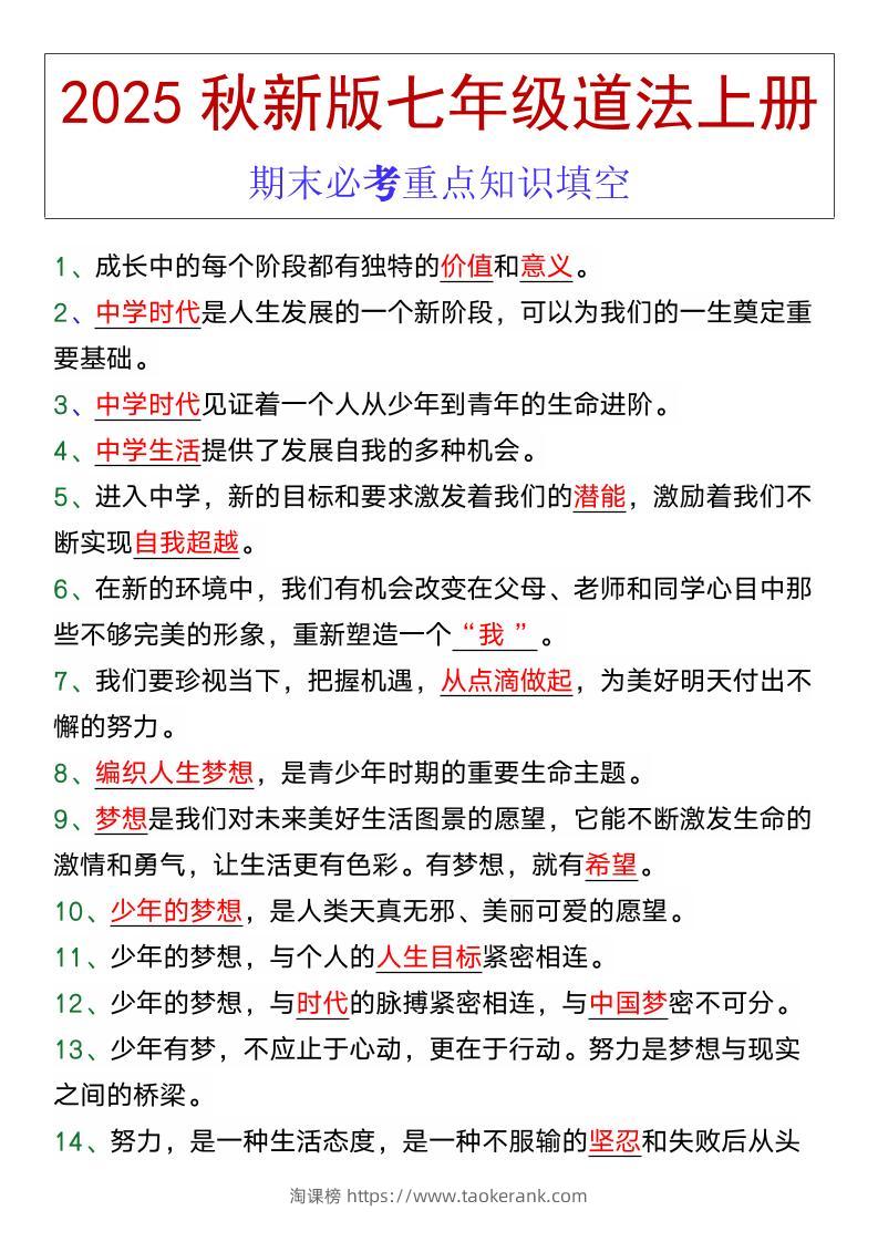 七年级道法上册期末必考重点知识填空-淘课榜