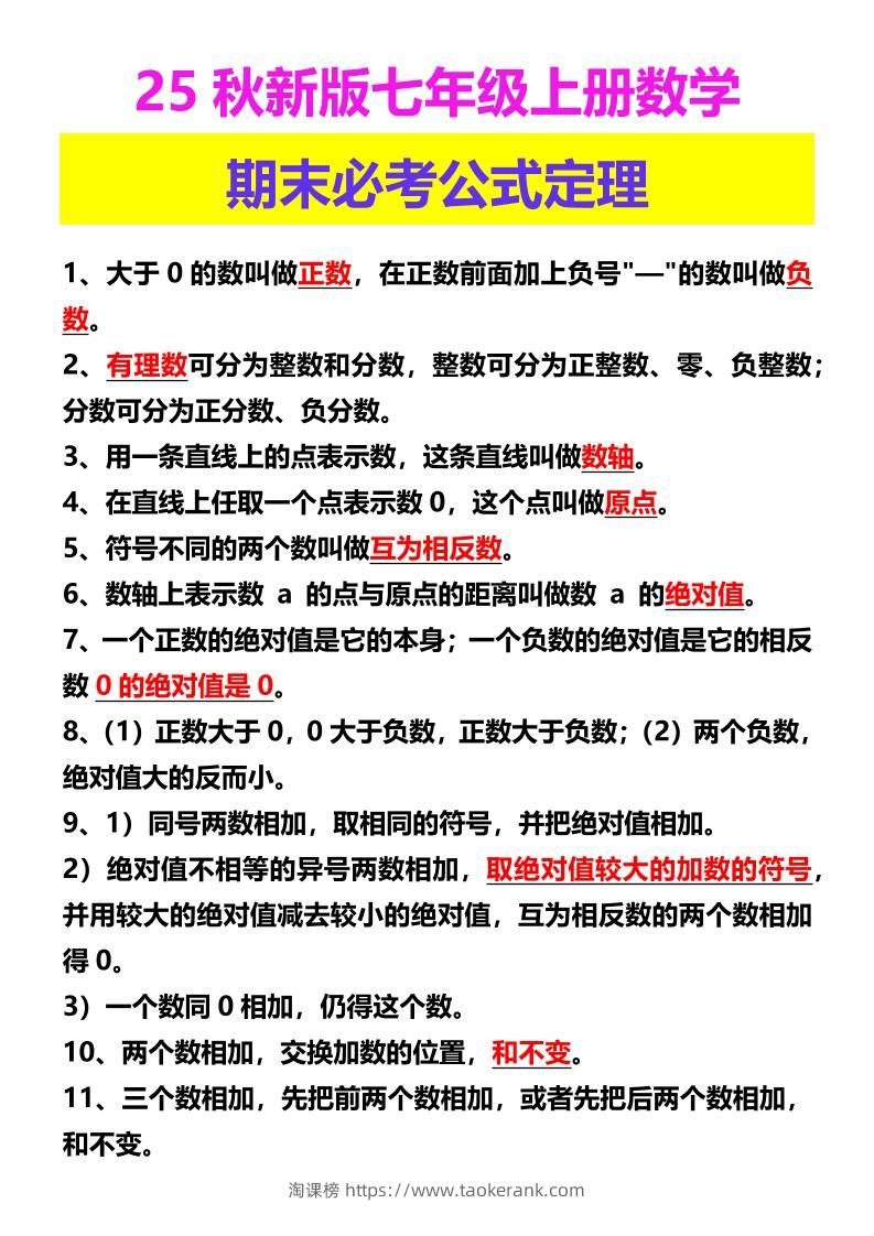 【2025秋新版】七年级上册数学期末必考公式定理-淘课榜