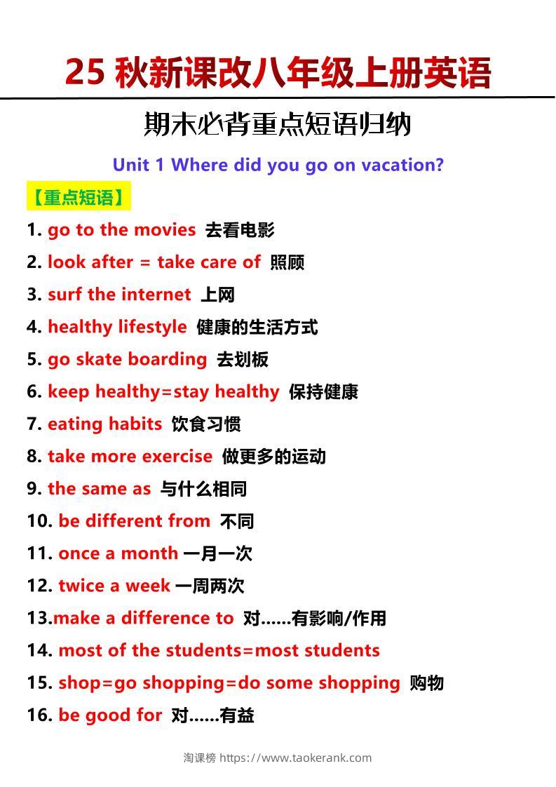 【2025秋新版】八年级上册英语期末必背重点短语归纳-淘课榜