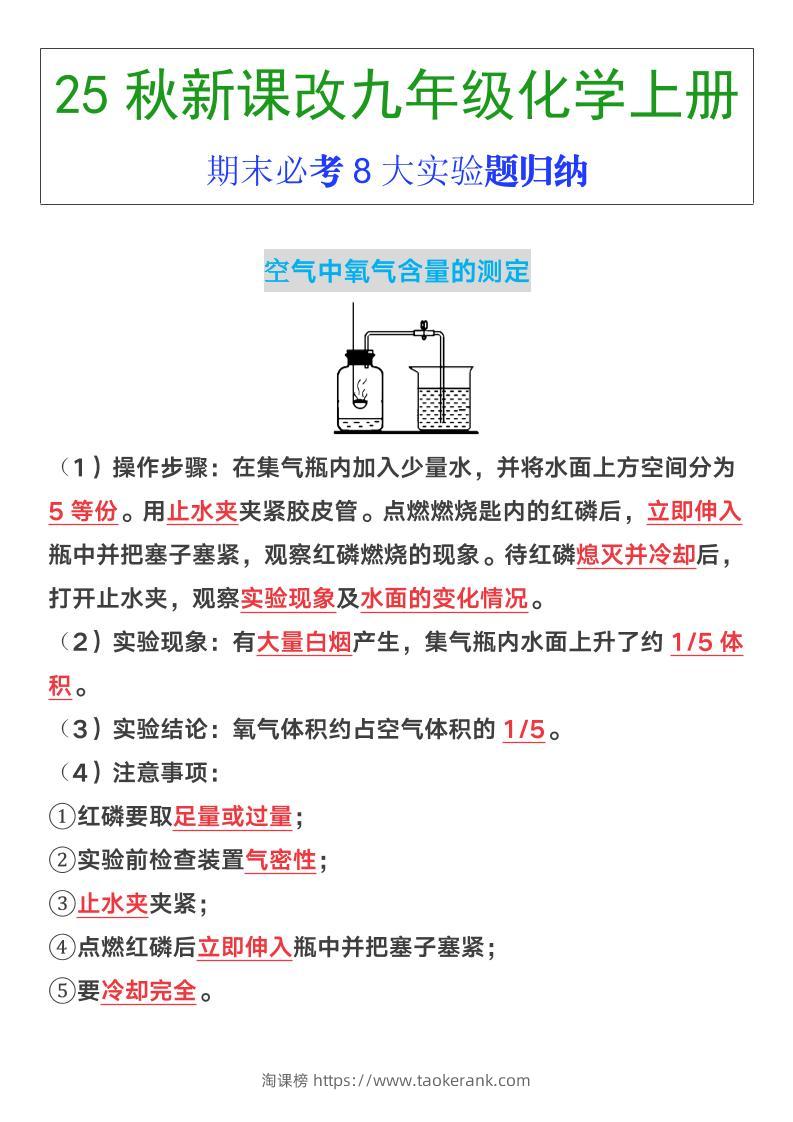 【2025秋新版】九年级上册化学期末必考8大实验题归纳-淘课榜
