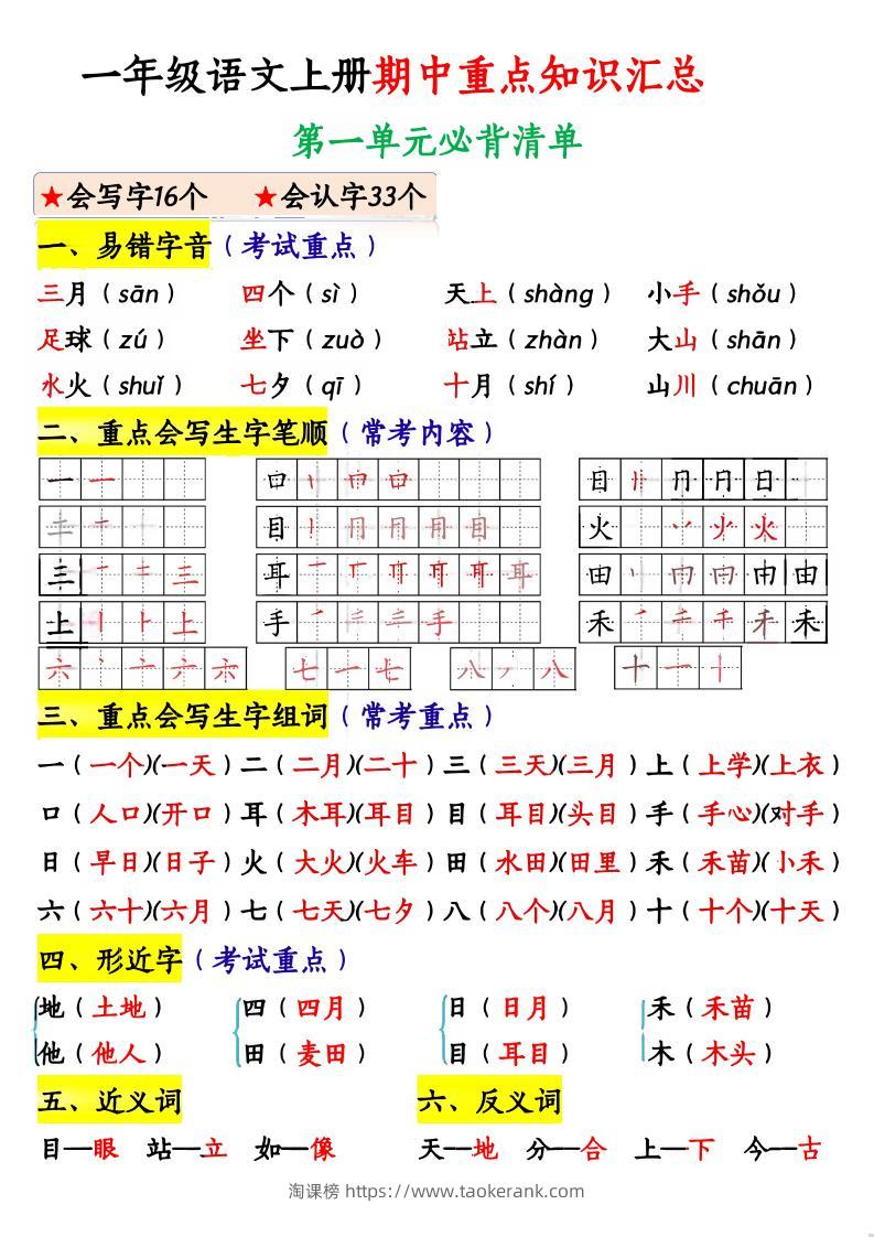 一上语文期中高频考点-淘课榜
