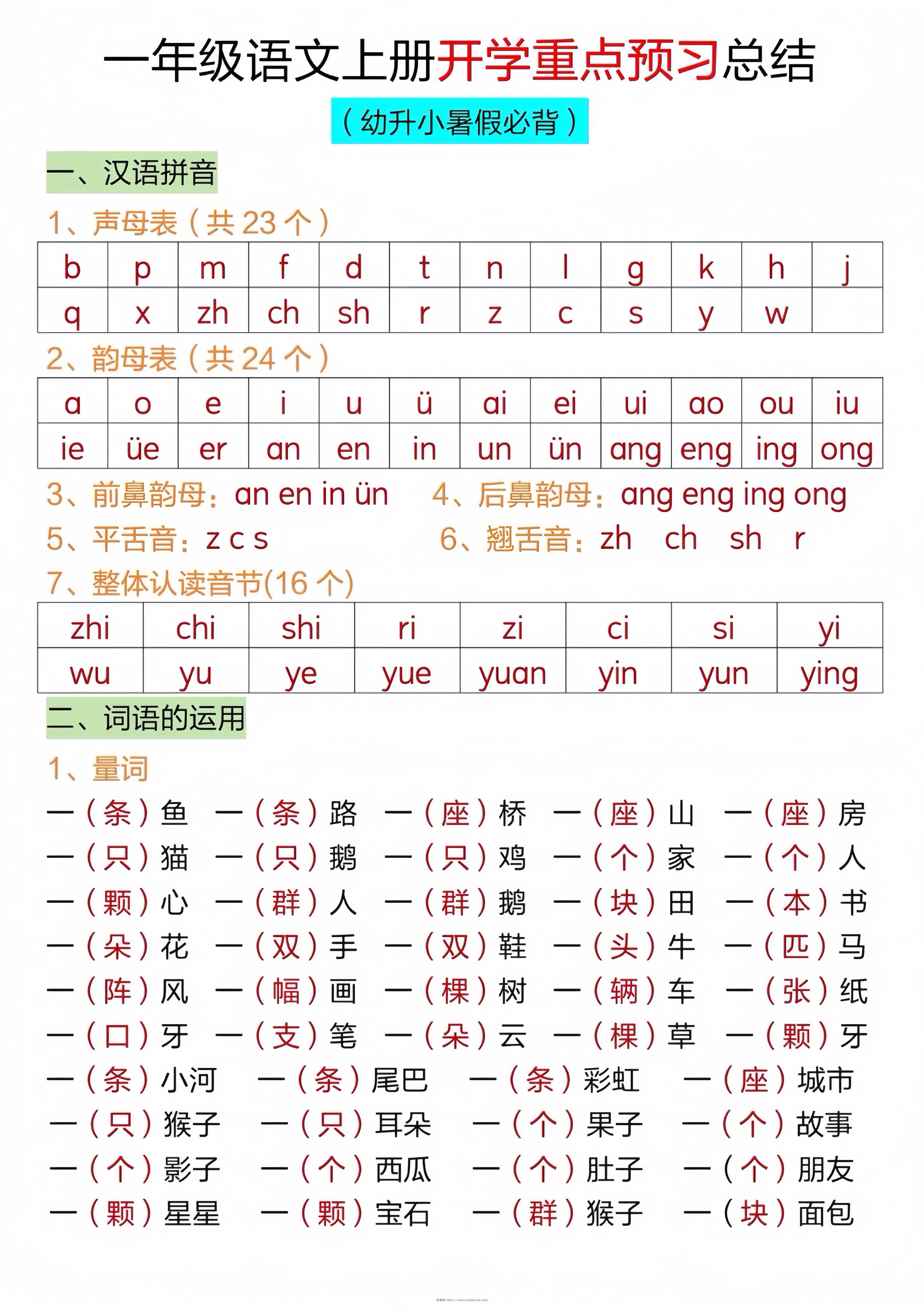 一年级上语文开学重点预习总结-淘课榜