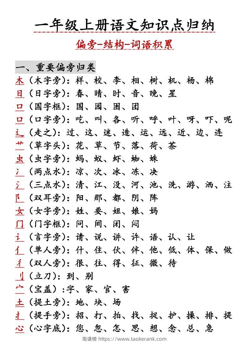 一年级上语文知识点归纳-淘课榜