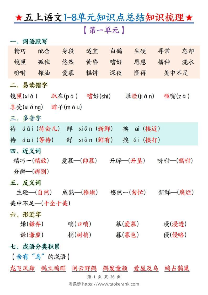 五上语文1-8单元知识点总结知识梳理26页-淘课榜
