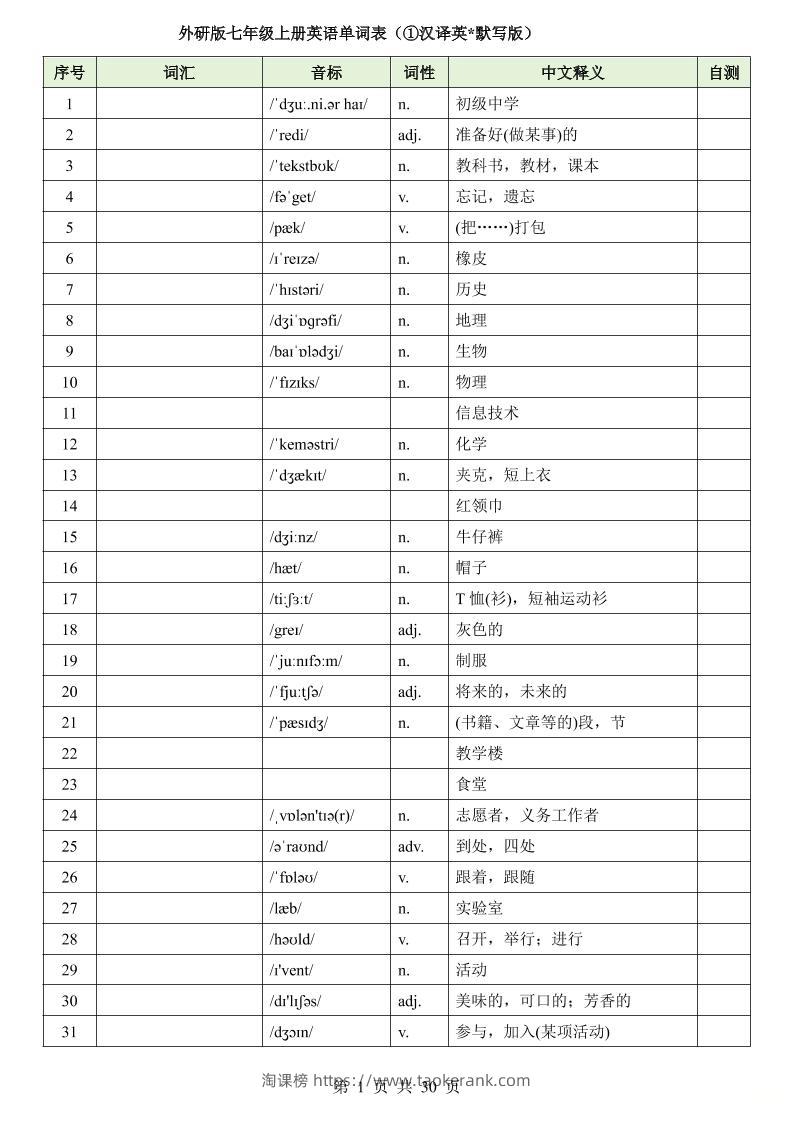 七年级上英语单词表（英汉互译默写）-淘课榜