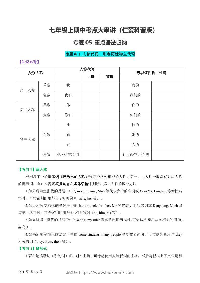 七年级上英语重点语法归纳-仁爱科普版-淘课榜