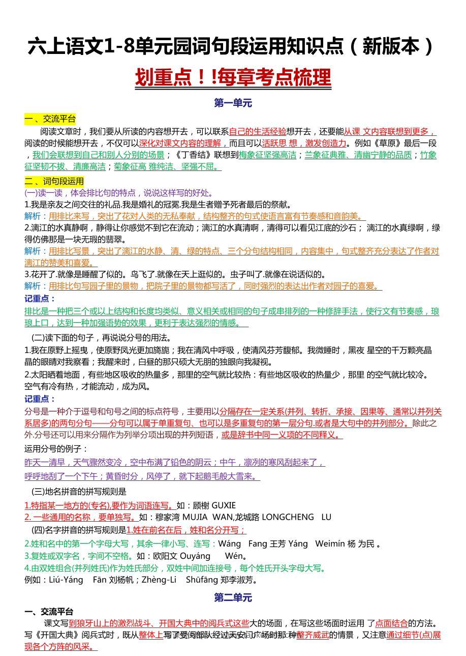 六上语文1-8单元园词句段运用知识点（新版本）docx-淘课榜