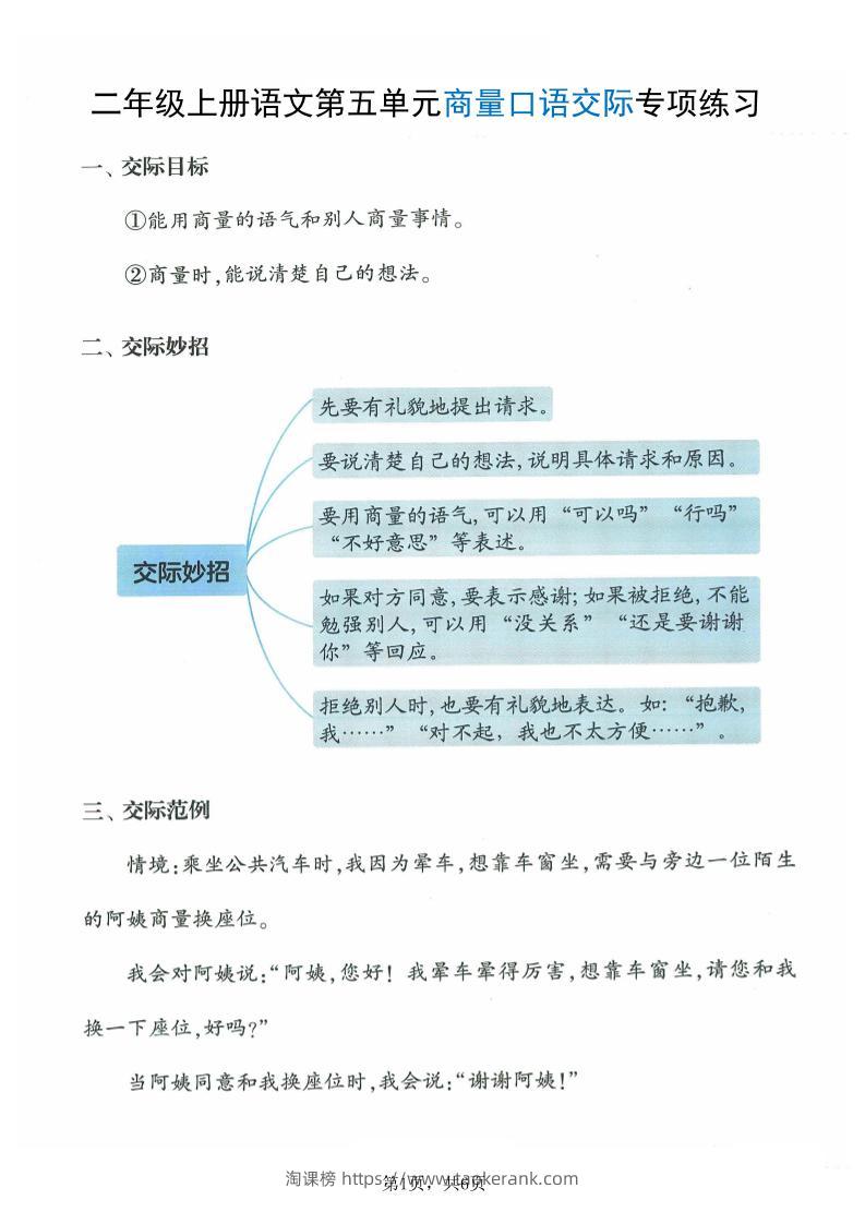 二上语文第五单元商量口语交际专项练习（7页）-淘课榜