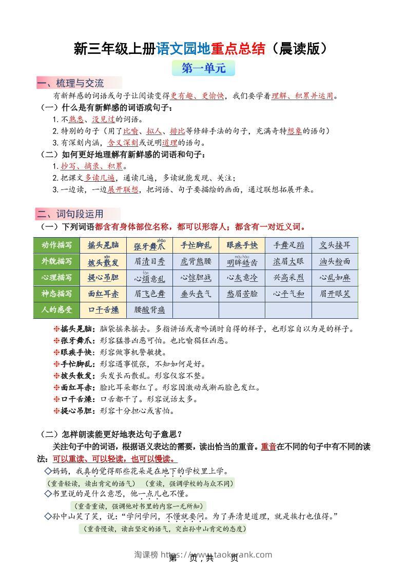 新三上语文1-8单元语文园地重点总结（晨读晚练）20页-淘课榜