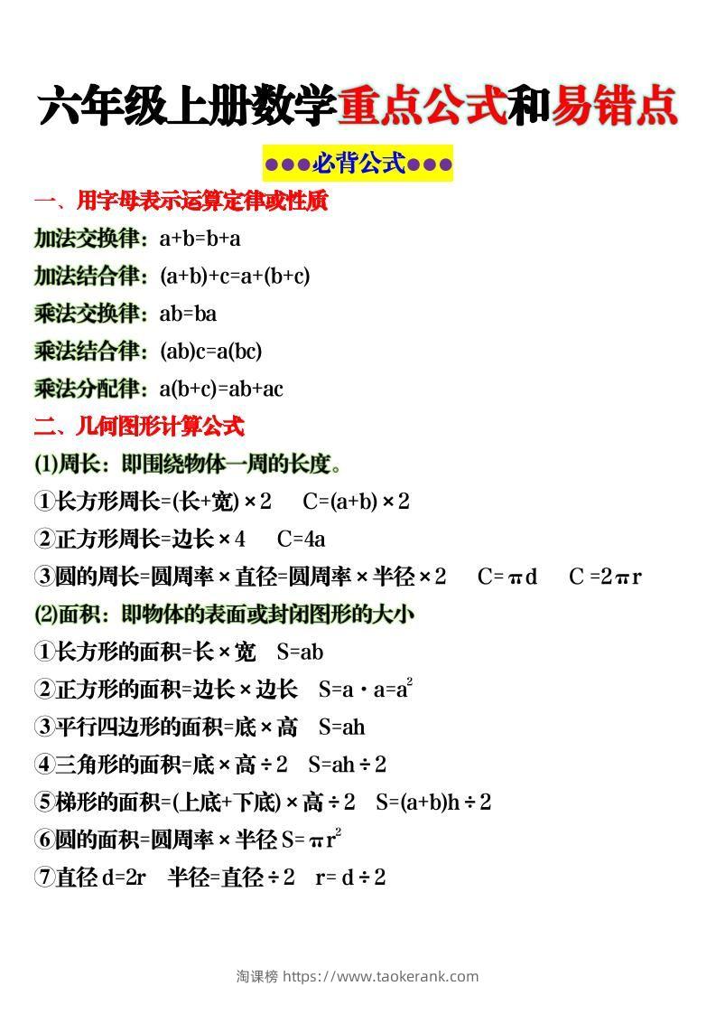 六上数学重点公式和易错点6页-淘课榜