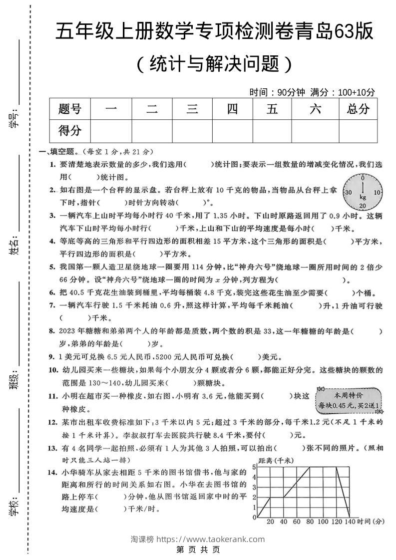 五年级上数学统计与解决问题专项检测卷《青岛63版》-淘课榜