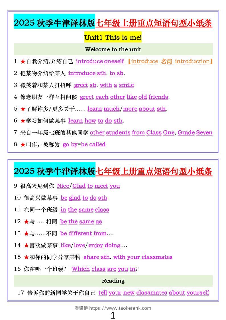 七年级上英语重点短语句型小纸条（牛津译林版）-淘课榜