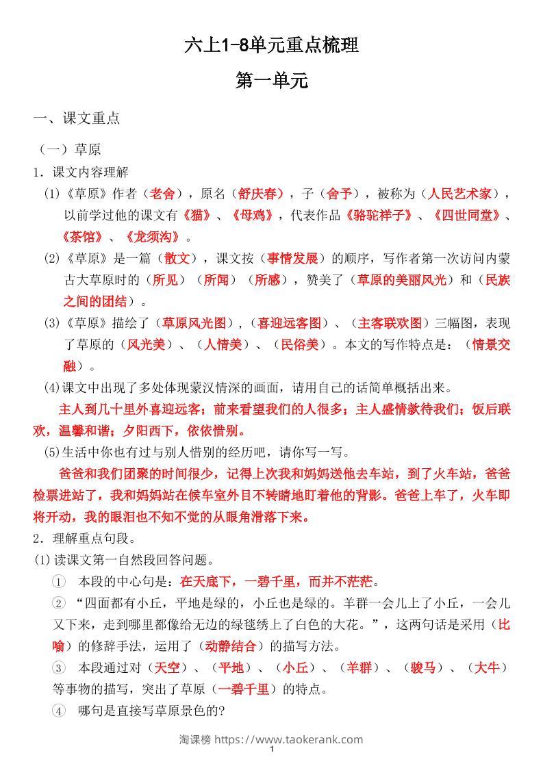 六上1-8单元重点梳理（课文重点+语文园地）-淘课榜