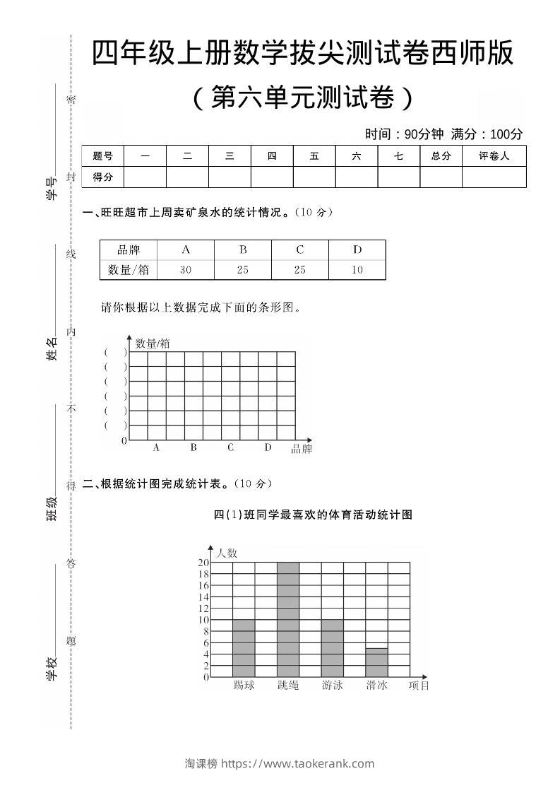 四年级上数学第六单元拔尖测试卷《西师版》-淘课榜