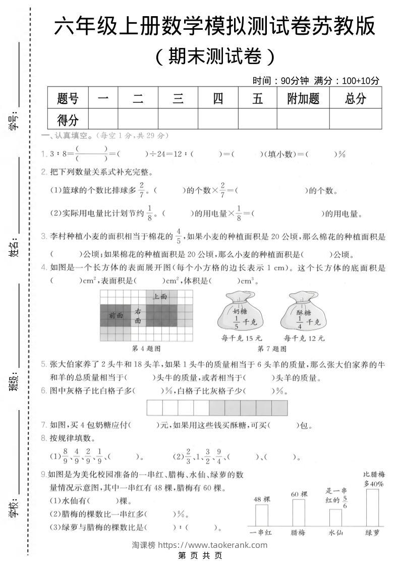 六年级上数学期末模拟测试卷8《苏教版》-淘课榜