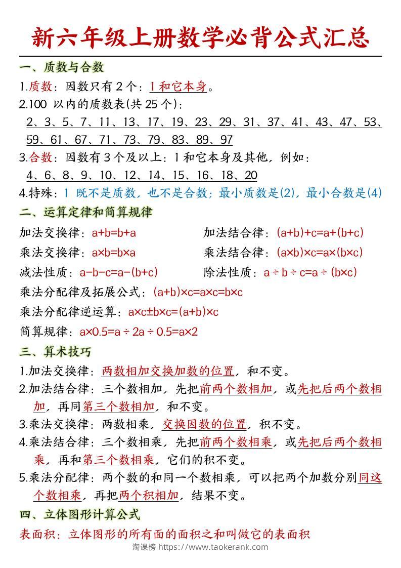人教版六上数学必背公式汇总-淘课榜