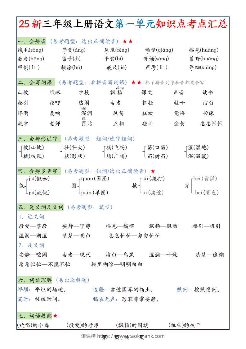 25新三年级上语文1-8单元知识点考点汇总-淘课榜