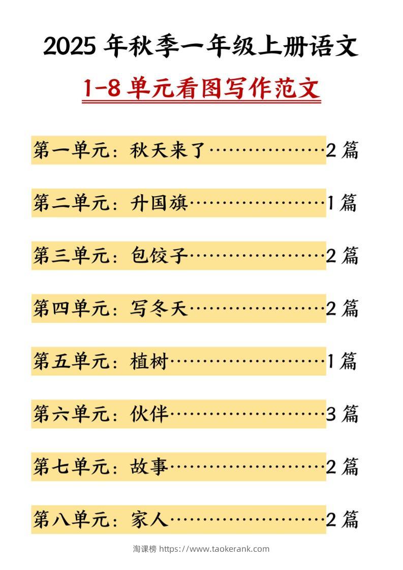 一年级上语文1-8单元看图写作范文-淘课榜