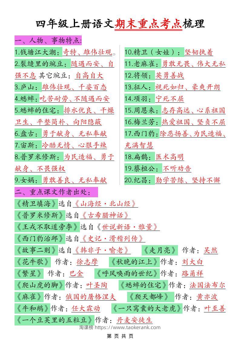 四年级上语文期末重点考点梳理-淘课榜