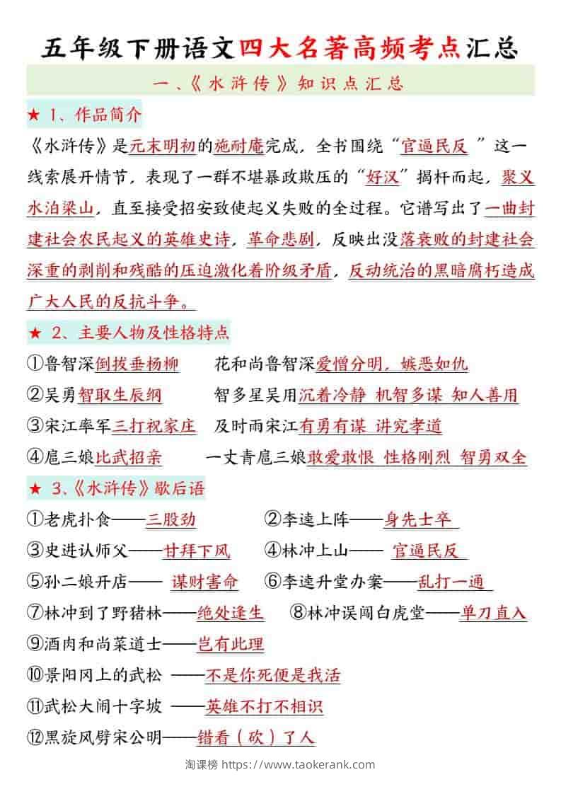 五年级下语文四大名著高频考点-淘课榜