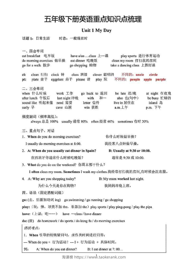 五年级下英语重点知识点梳理《人教版》-淘课榜