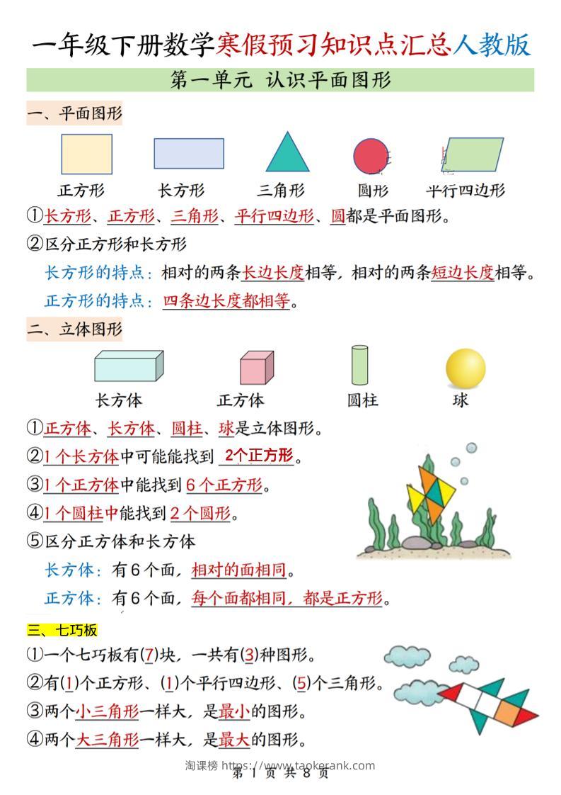 26春一下人教数学《寒假预习全册知识点汇总》-淘课榜