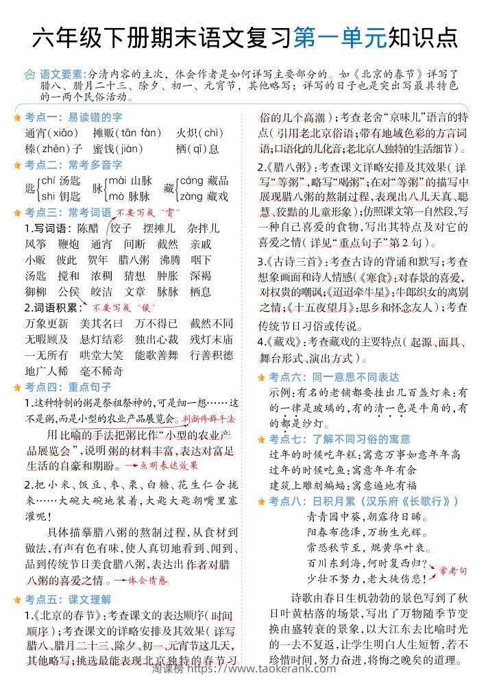 六下丨语文1-6单元单元知识点-淘课榜