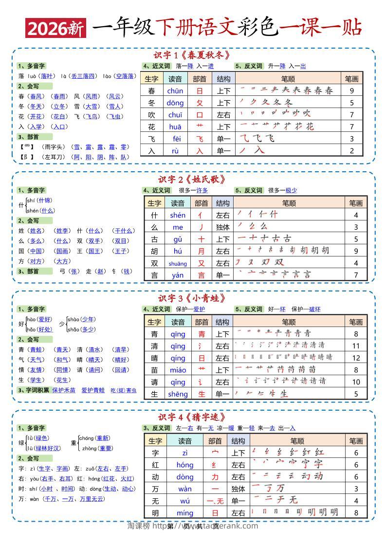 新一年级下语文彩色一课一贴-淘课榜