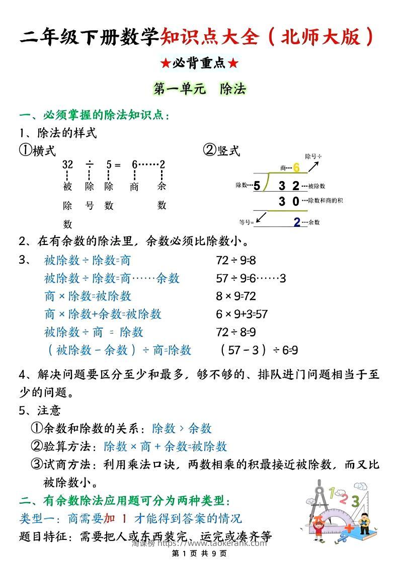 二年级下数学知识点大全《北师版》-淘课榜